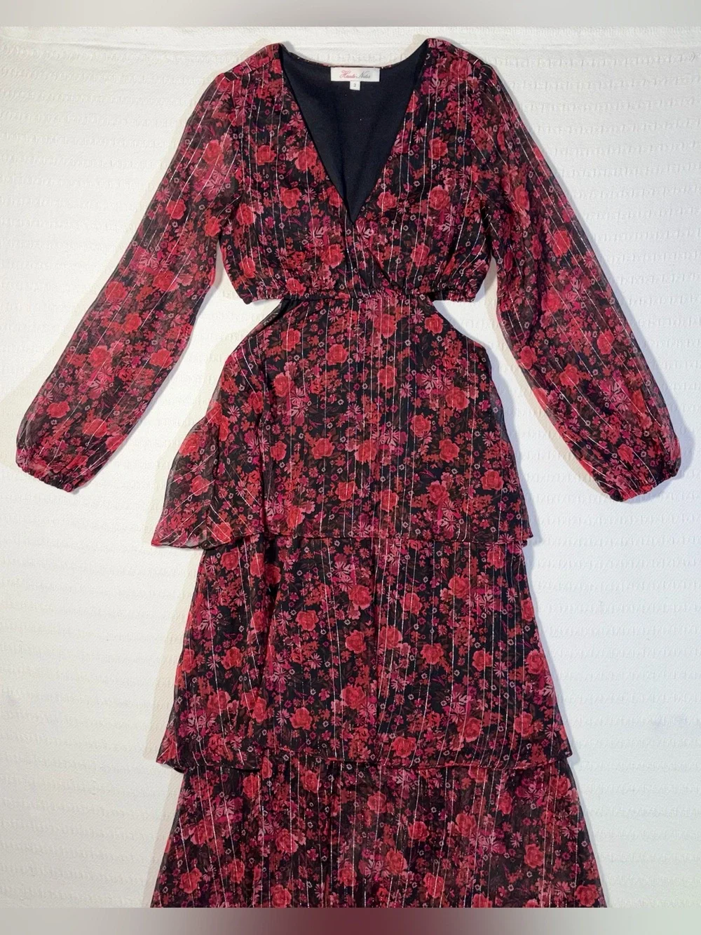 Haute Nites Floral Tiered Cutout Maxi Dress Small Flowy Fairy Party Going Out - Picture 2 of 13